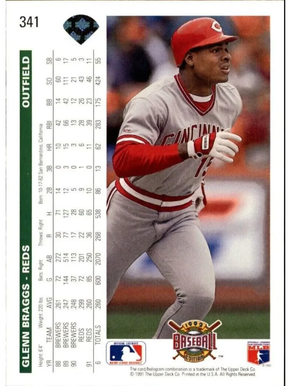 Glenn Braggs 1992 Upper Deck MLB #341 Baseball Card Cincinnati Reds